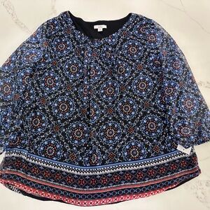 croft & barrow Black Blouse with Blue and Red Floral Medallion Print